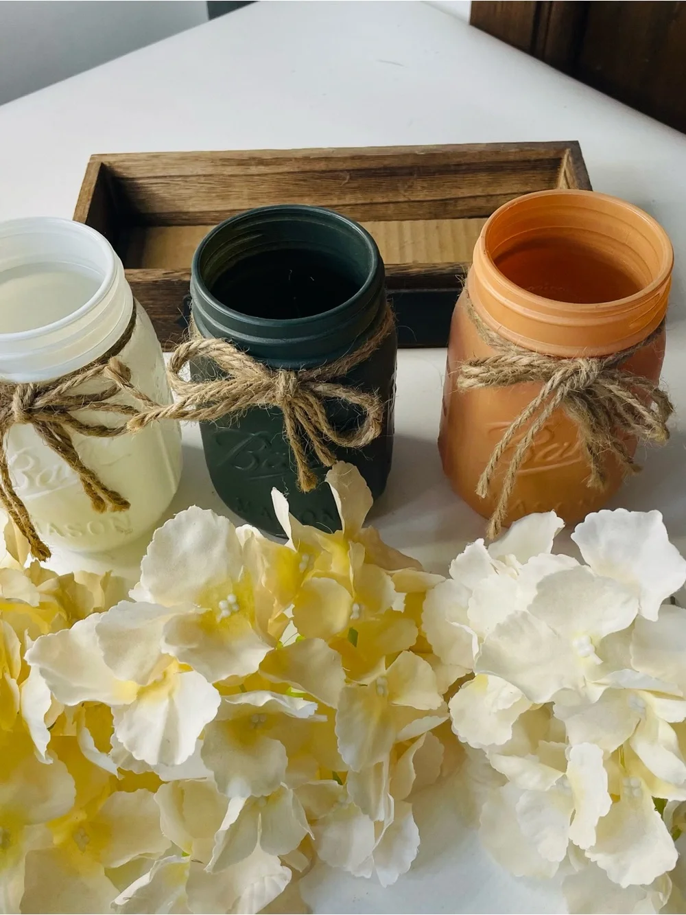 Mason Jar Trio Centerpiece with Cream Floral Accent Rustic Farmhouse